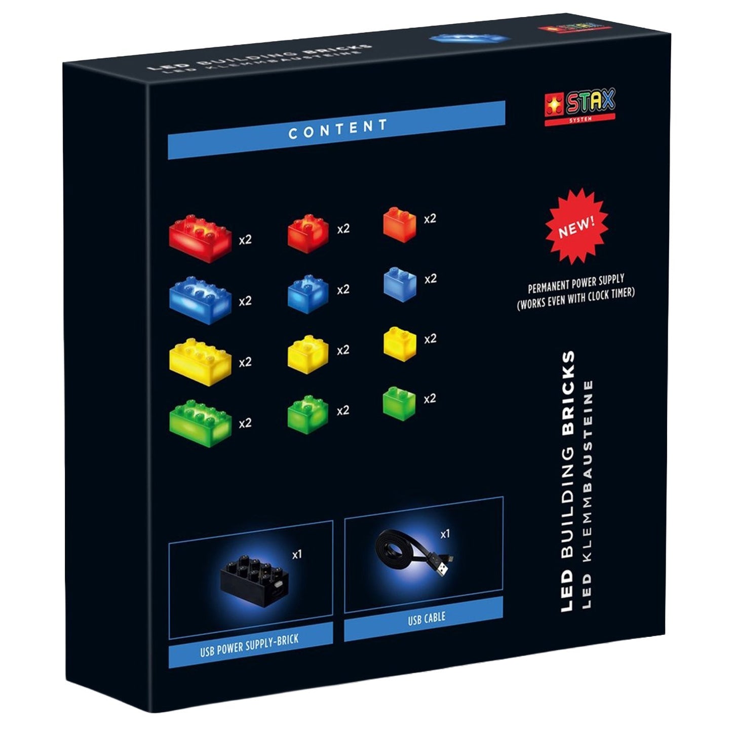 24x LED Brick 2x4, 2x2, 1x2 matt [rot, blau, gelb, grün] inkl. Power Brick - Open Brick Source