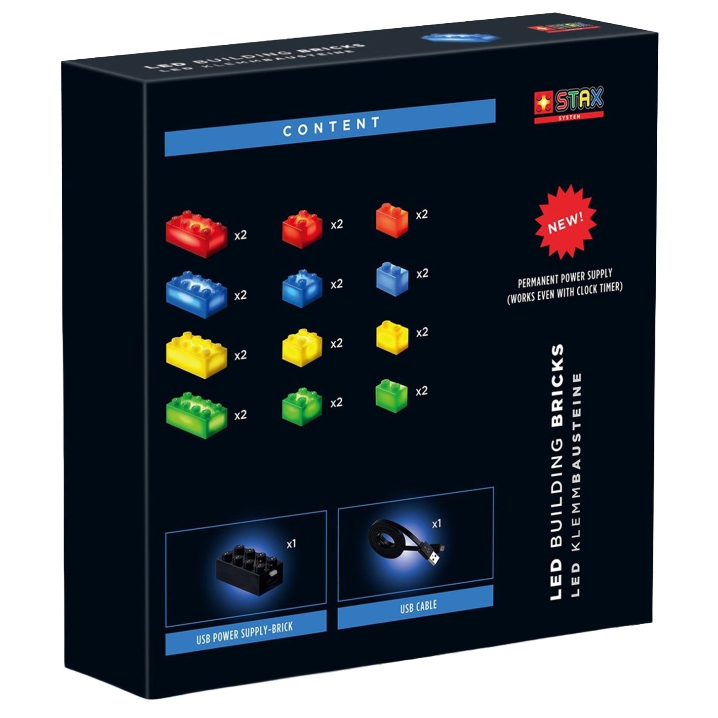 24x LED Brick 2x4, 2x2, 1x2 matt [rot, blau, gelb, grün] inkl. Power Brick - Open Brick Source
