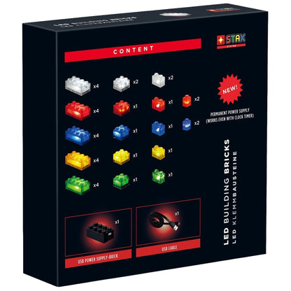 36x LED Brick 2x4, 2x2, 1x2, 1x1 transparent [weiß, rot, blau, gelb, grün] inkl. Power Brick - Open Brick Source